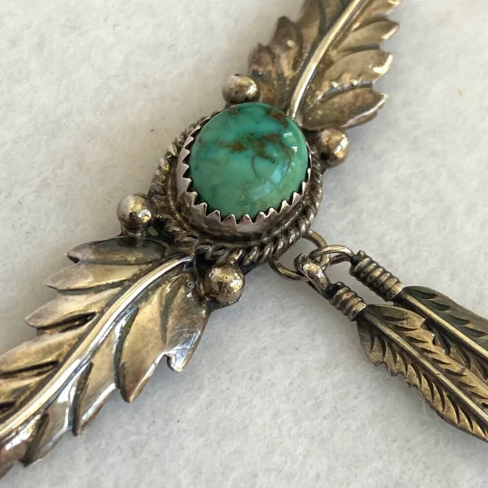 VTG Sterling Silver 925 H. Spencer Navajo Turquoise Leaf Feather Necklace 20.5